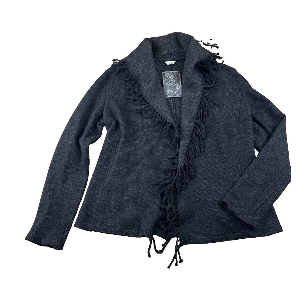 MARELLA Coat Cardigan Size 10 Black 100% Virgin Wool Classic Fringe Trim Italy